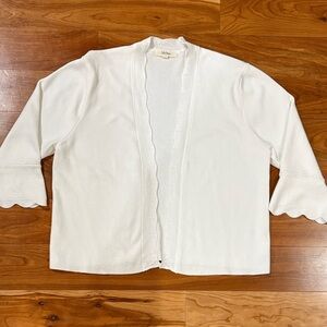 Payton Primrose White Scallop-Trim Open Front Sweater 3/4 Sleeve Sz Large